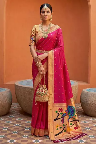 Pink faux banarasi silk saree with paithani rich weaved pallu and blouse