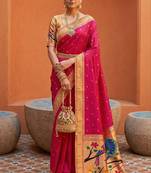 Pink faux banarasi silk saree with paithani rich weaved pallu and blouse