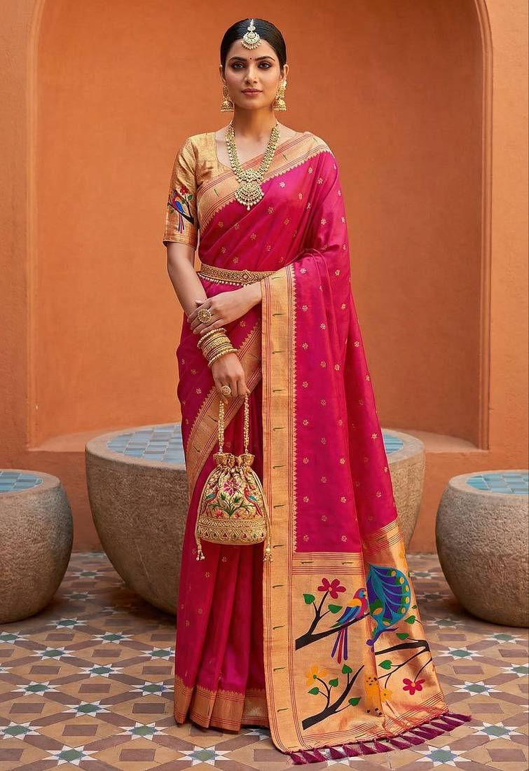 Pink faux banarasi silk saree with paithani rich weaved pallu and blouse