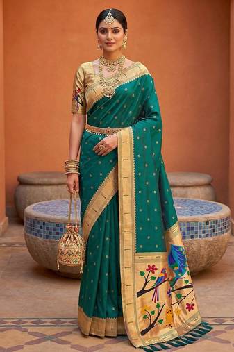 Rama faux banarasi silk saree with paithani rich weaved pallu and blouse