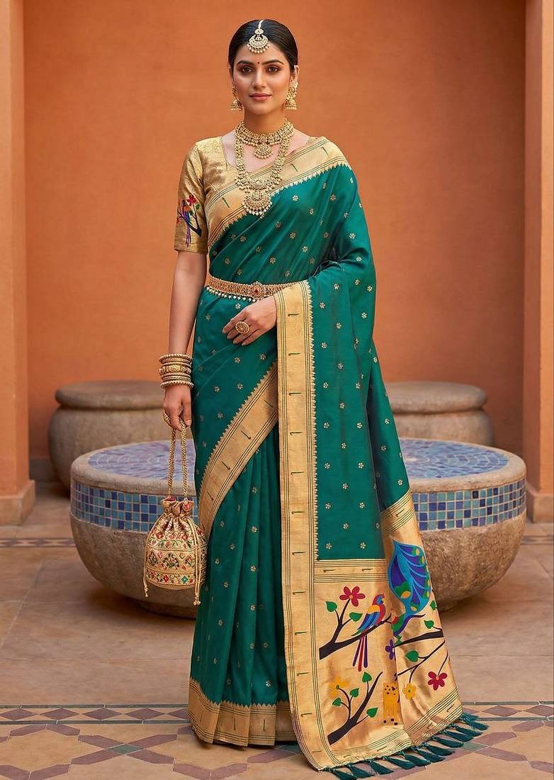 Rama faux banarasi silk saree with paithani rich weaved pallu and blouse