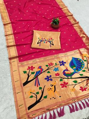 Pink faux banarasi silk saree with paithani rich weaved pallu and blouse 2