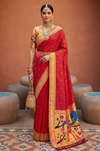 Red faux banarasi silk saree with paithani rich weaved pallu and blouse