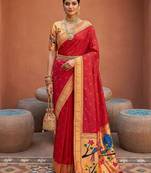 Red faux banarasi silk saree with paithani rich weaved pallu and blouse