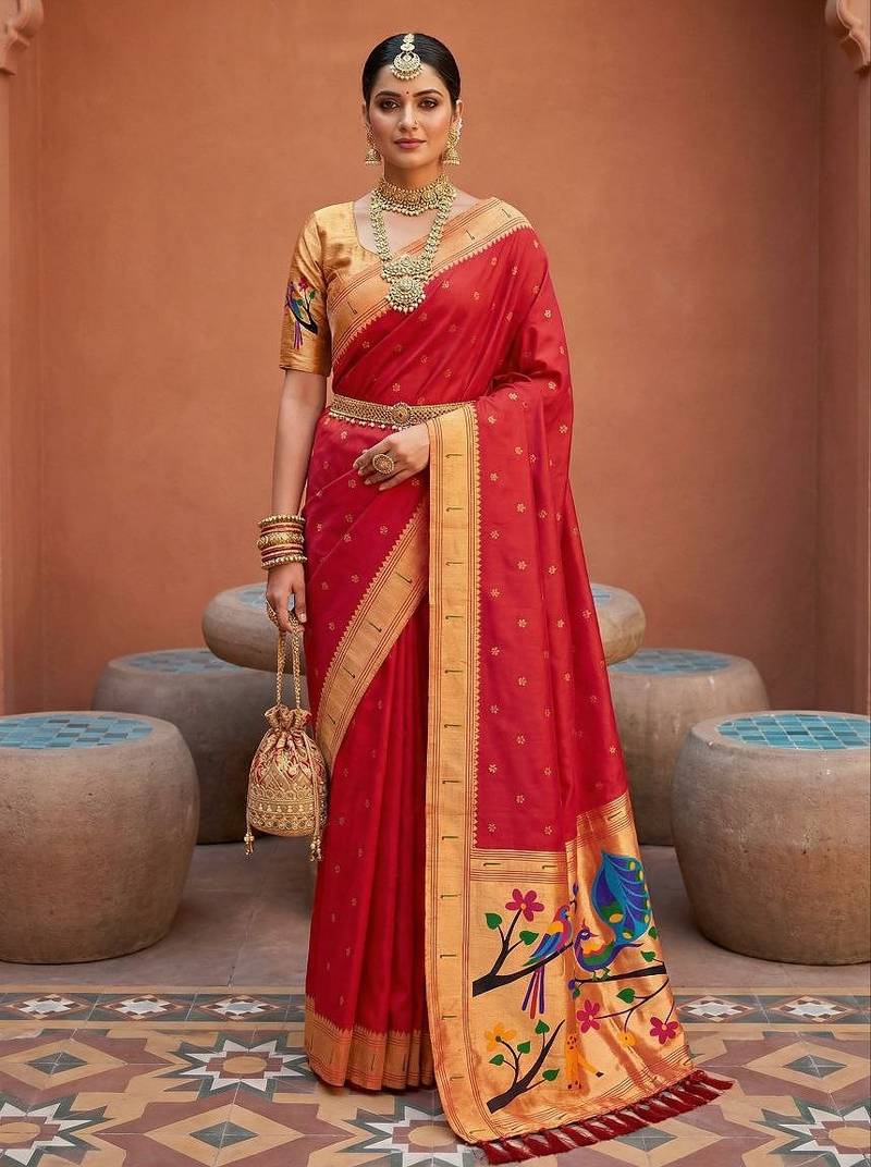 Red faux banarasi silk saree with paithani rich weaved pallu and blouse