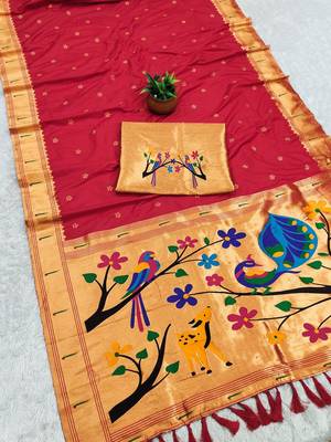 Red faux banarasi silk saree with paithani rich weaved pallu and blouse 2
