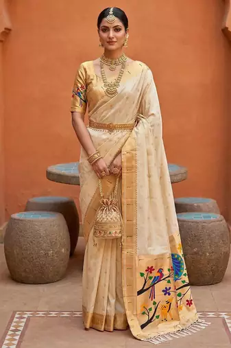 White  faux banarasi silk saree with paithani rich weaved pallu and blouse