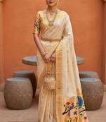 White  faux banarasi silk saree with paithani rich weaved pallu and blouse