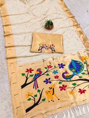 White faux banarasi silk saree with paithani rich weaved pallu and blouse 2