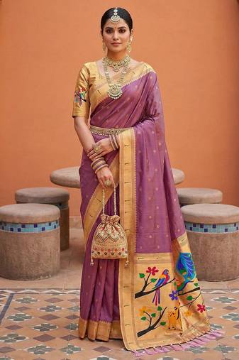 Onion pink faux banarasi silk saree with paithani rich weaved pallu and blouse