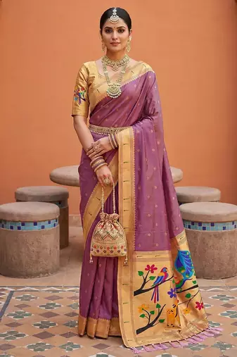 Onion pink faux banarasi silk saree with paithani rich weaved pallu and blouse