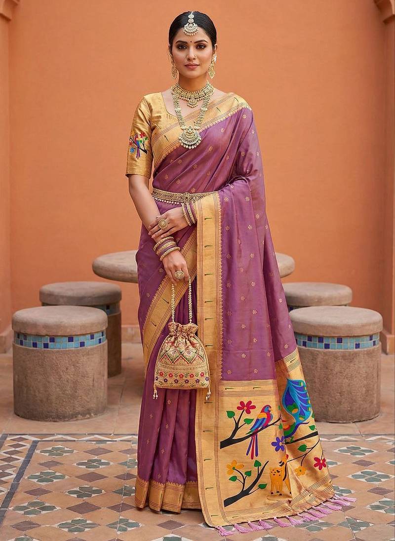 Onion pink faux banarasi silk saree with paithani rich weaved pallu and blouse