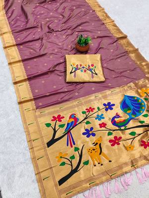 Onion pink faux banarasi silk saree with paithani rich weaved pallu and blouse 2