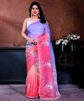 Pink and lavender ombre organza saree 1
