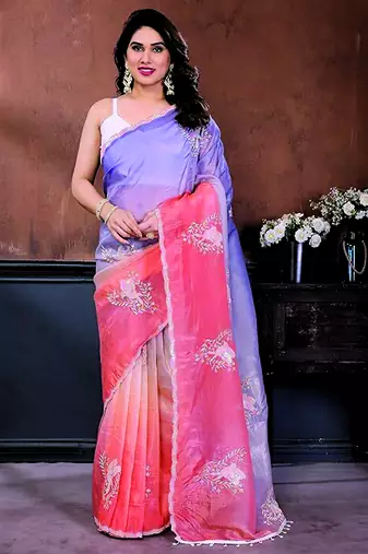 Pink and lavender ombre organza saree