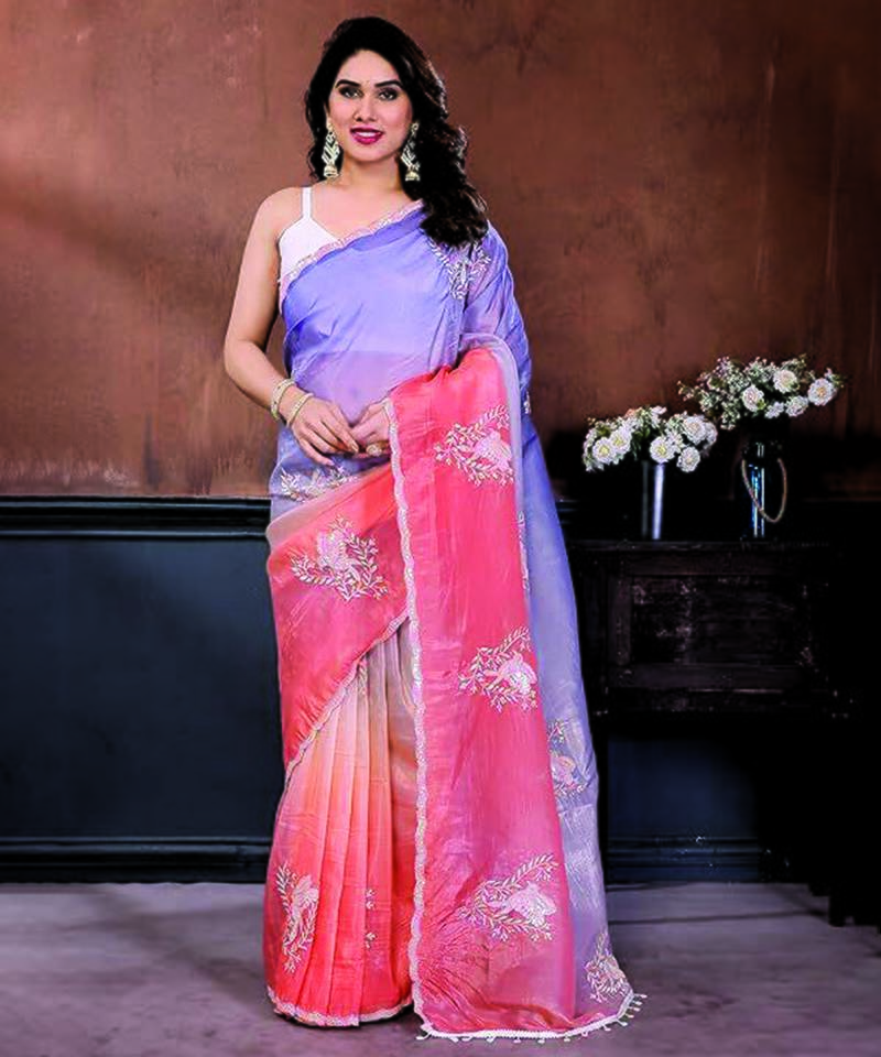 Pink and lavender ombre organza saree