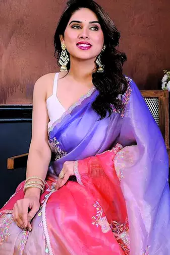 Pink and lavender ombre organza saree