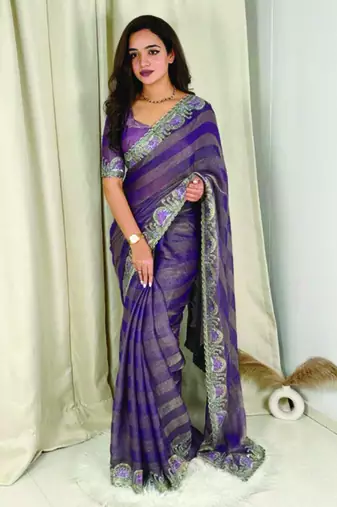 Purple chiffon striped embroidered saree