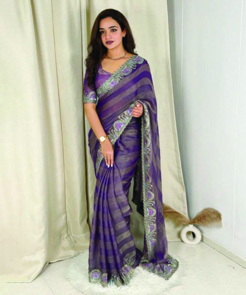 Purple chiffon striped embroidered saree