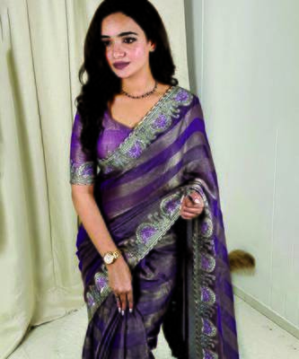 Purple chiffon striped embroidered saree 7