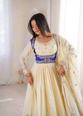 Off White Color Thread With Sequnce work Chinon Silk Top Bottom Dupatta Set 2