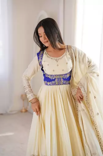 Off White Color Thread With Sequnce work Chinon Silk Top Bottom Dupatta Set