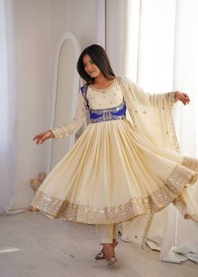 Off White Color Thread With Sequnce work Chinon Silk Top Bottom Dupatta Set 3