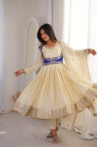 Off White Color Thread With Sequnce work Chinon Silk Top Bottom Dupatta Set