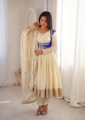 Off White Color Thread With Sequnce work Chinon Silk Top Bottom Dupatta Set 1