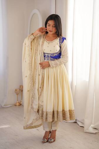 Off White Color Thread With Sequnce work Chinon Silk Top Bottom Dupatta Set