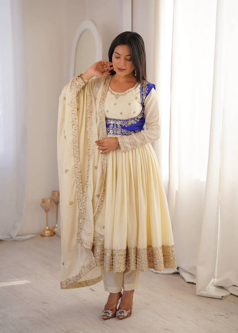 Off White Color Thread With Sequnce work Chinon Silk Top Bottom Dupatta Set