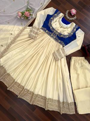 Off White Color Thread With Sequnce work Chinon Silk Top Bottom Dupatta Set 5