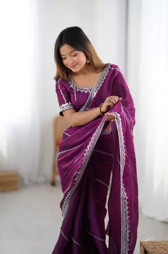 Plum Color Thread & Sequins Embroidery Work Silk Saree