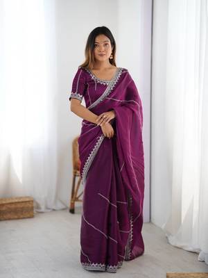Plum Color Thread & Sequins Embroidery Work Silk Saree 1