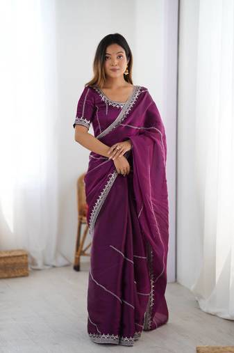 Plum Color Thread & Sequins Embroidery Work Silk Saree