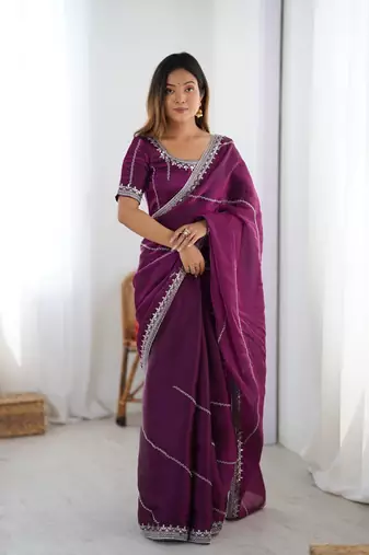 Plum Color Thread & Sequins Embroidery Work Silk Saree