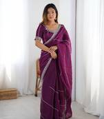 Plum Color Thread & Sequins Embroidery Work Silk Saree