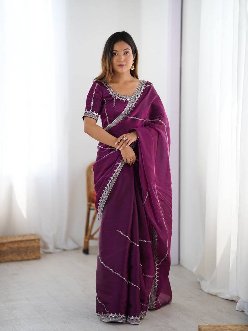 Plum Color Thread & Sequins Embroidery Work Silk Saree