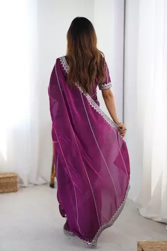 Plum Color Thread & Sequins Embroidery Work Silk Saree