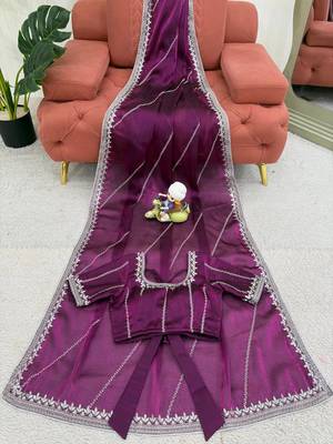 Plum Color Thread & Sequins Embroidery Work Silk Saree 5
