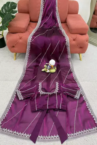 Plum Color Thread & Sequins Embroidery Work Silk Saree