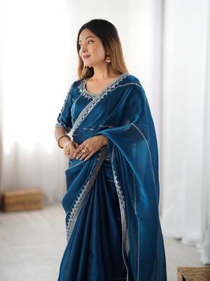 Teal Color Thread & Sequins Embroidery Work Silk Saree 2