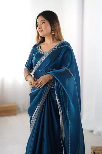 Teal Color Thread & Sequins Embroidery Work Silk Saree