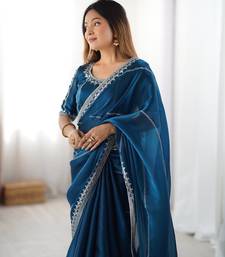 Teal Color Thread & Sequins Embroidery Work Silk Saree