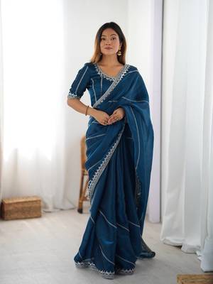 Teal Color Thread & Sequins Embroidery Work Silk Saree 3