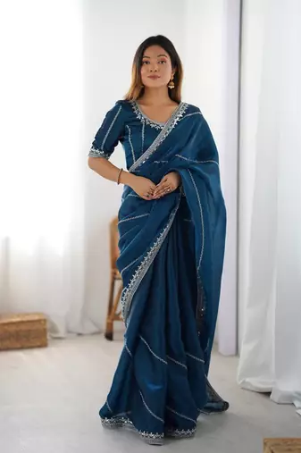 Teal Color Thread & Sequins Embroidery Work Silk Saree