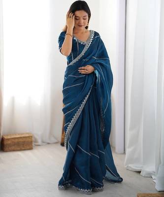 Teal Color Thread & Sequins Embroidery Work Silk Saree 1