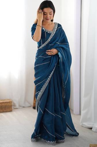 Teal Color Thread & Sequins Embroidery Work Silk Saree