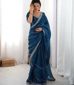 Teal Color Thread & Sequins Embroidery Work Silk Saree