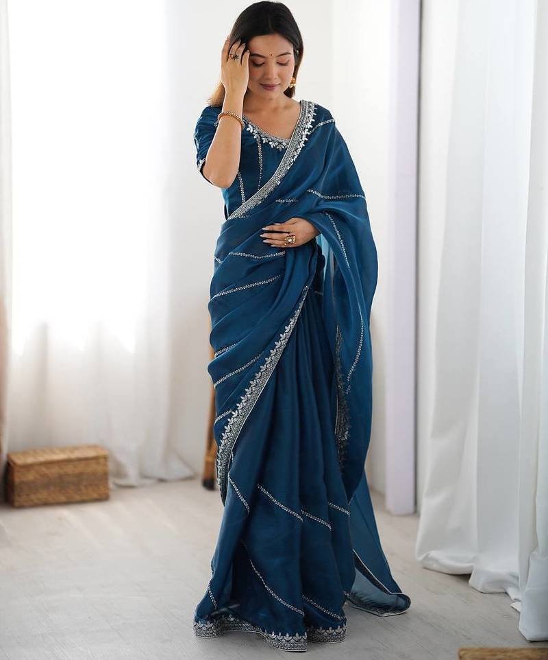 Teal Color Thread & Sequins Embroidery Work Silk Saree
